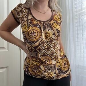 Vintage Y2K Sixteen Boho 70s Print Open Back Blouse Sz XL